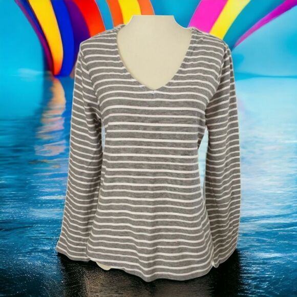 A New Day Tie Back Top Sz S Gray White Nautical Textured Stripes Coastal Beachy - Picture 12 of 16